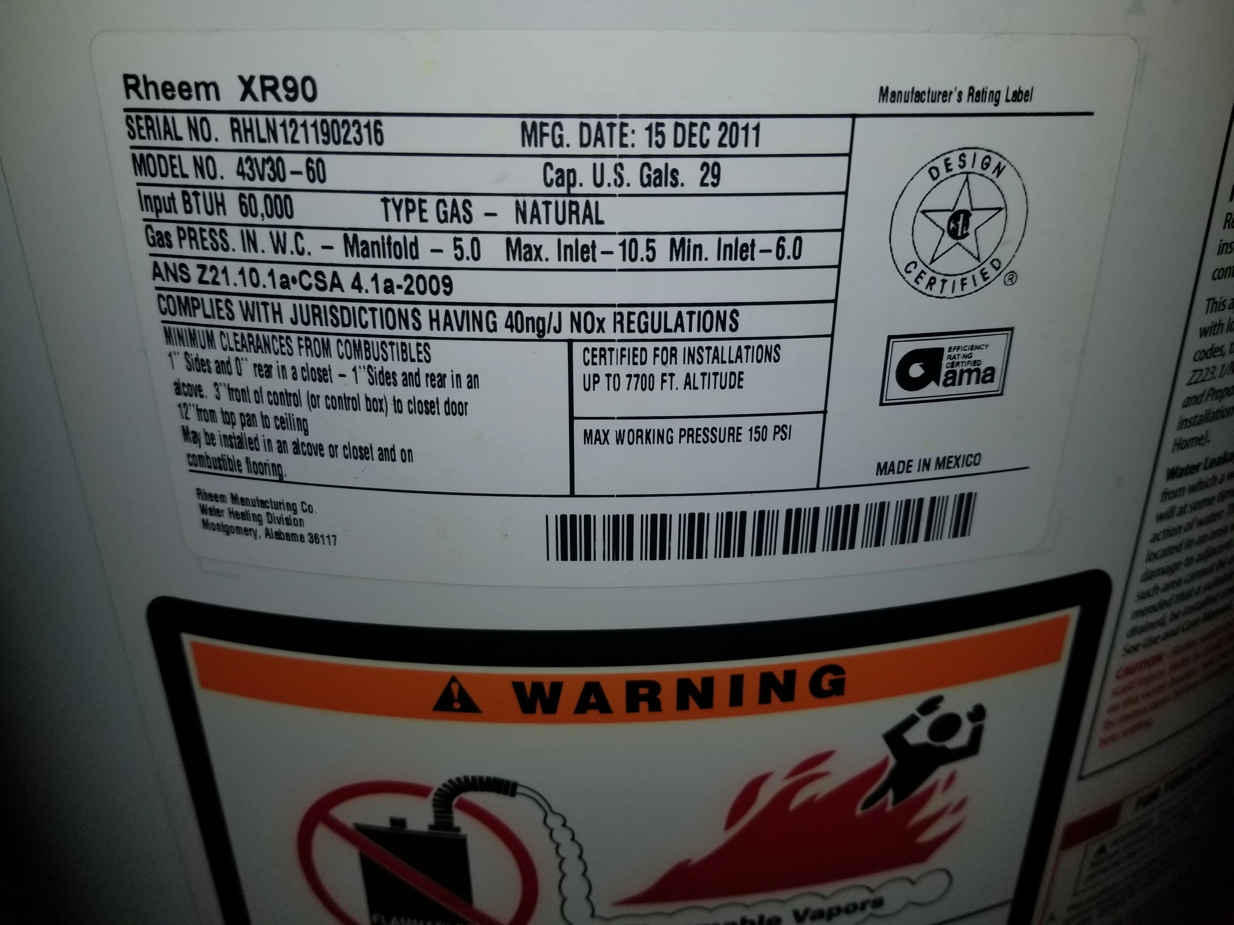 29 GAL. RESIDENTIAL NATURAL LOW NOx GAS WATER HEATER - Image 4
