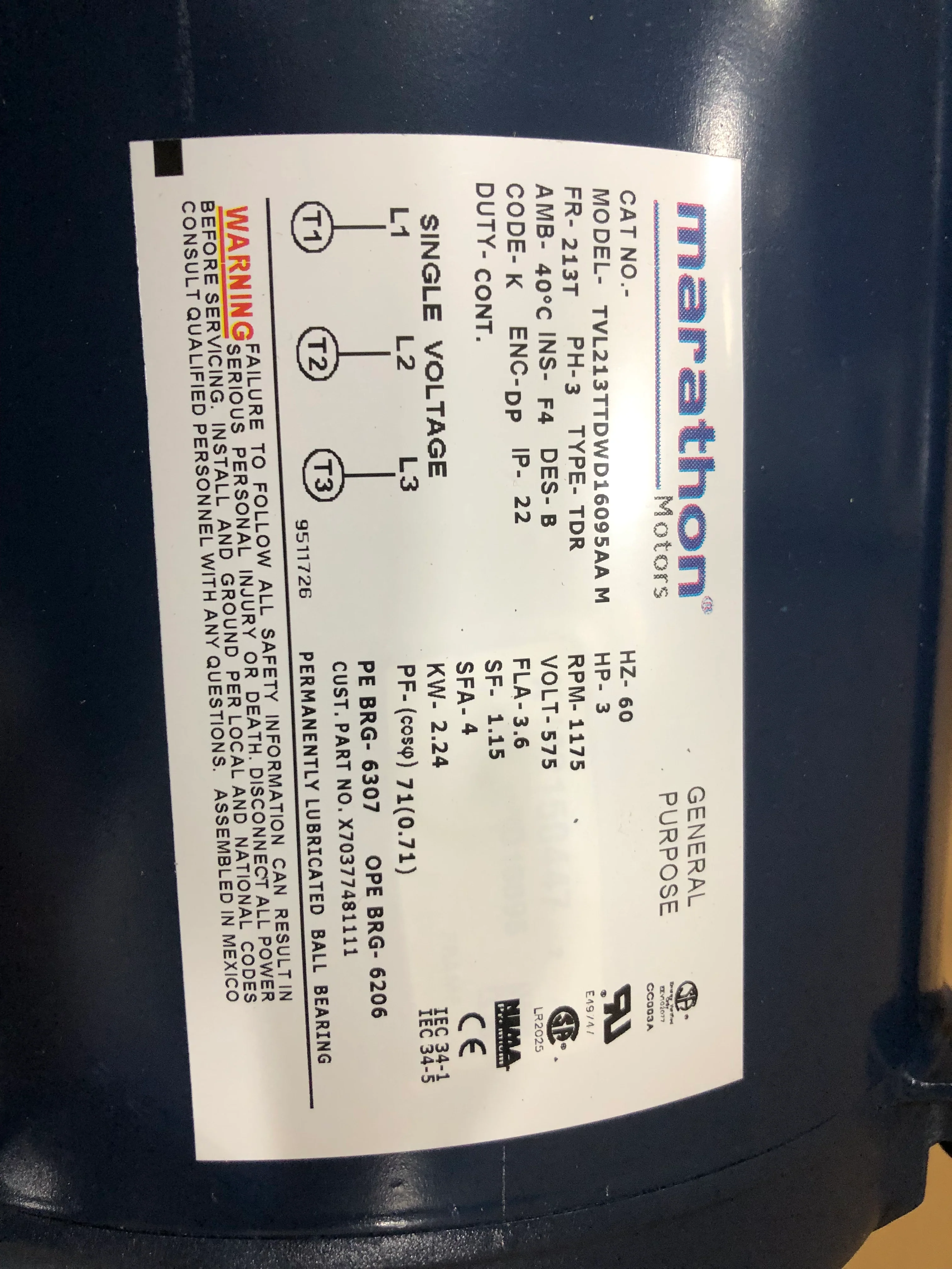 3 HP General Purpose Motor 575/60/3 1175 RPM - Image 4