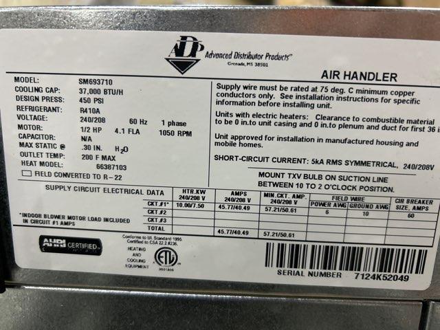 3 Ton AC/HP ECM Wall Mounted Air Handler With 10 KW Heat, 208-240/60/1 R-410A CFM 1364 - Image 3