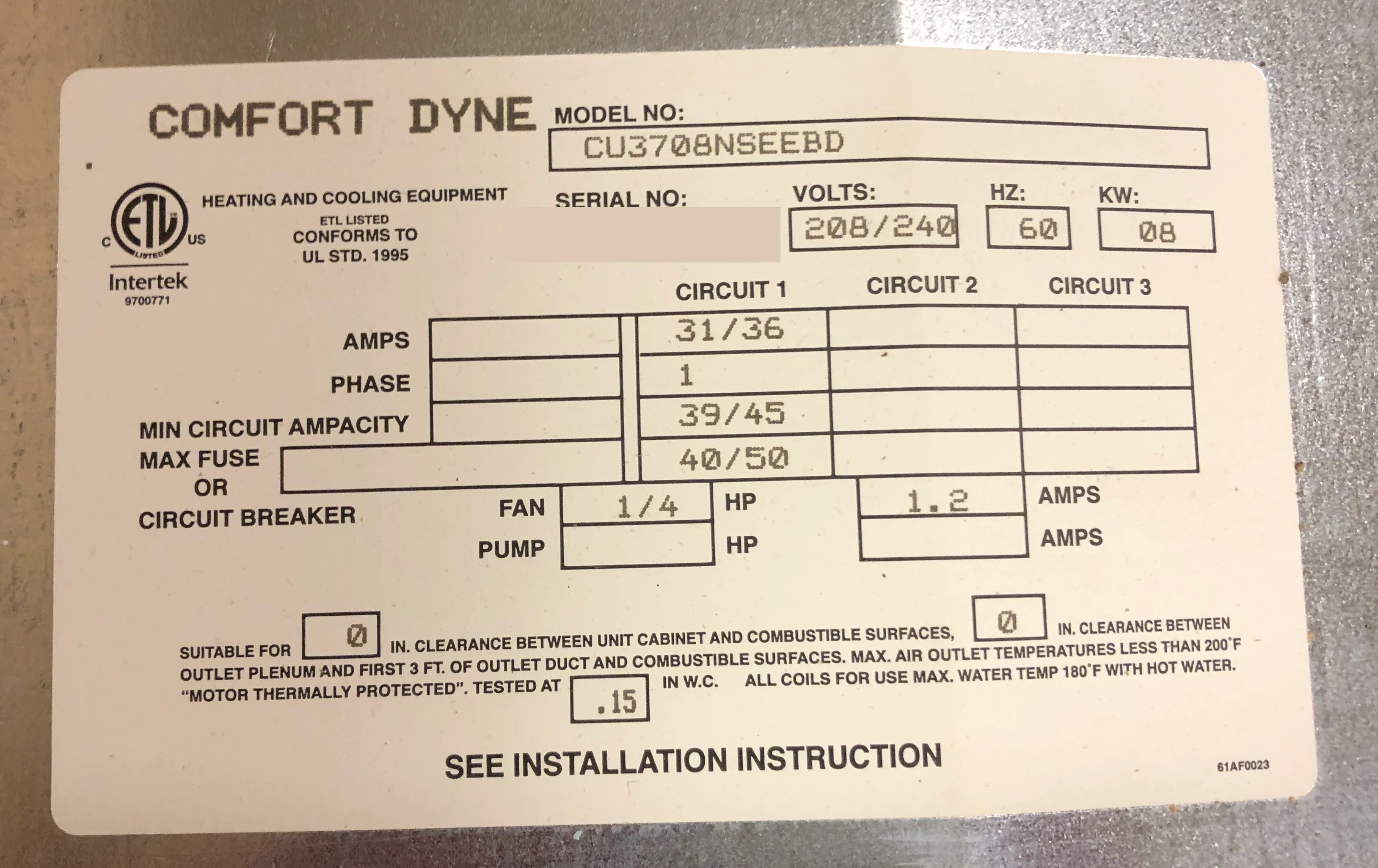 3 Ton AC/HP Horizontal Uncased Ceiling Mounted Fancoil W/ 8 Kw Electric Heat, 208-240/60/1 R-410A - Image 5