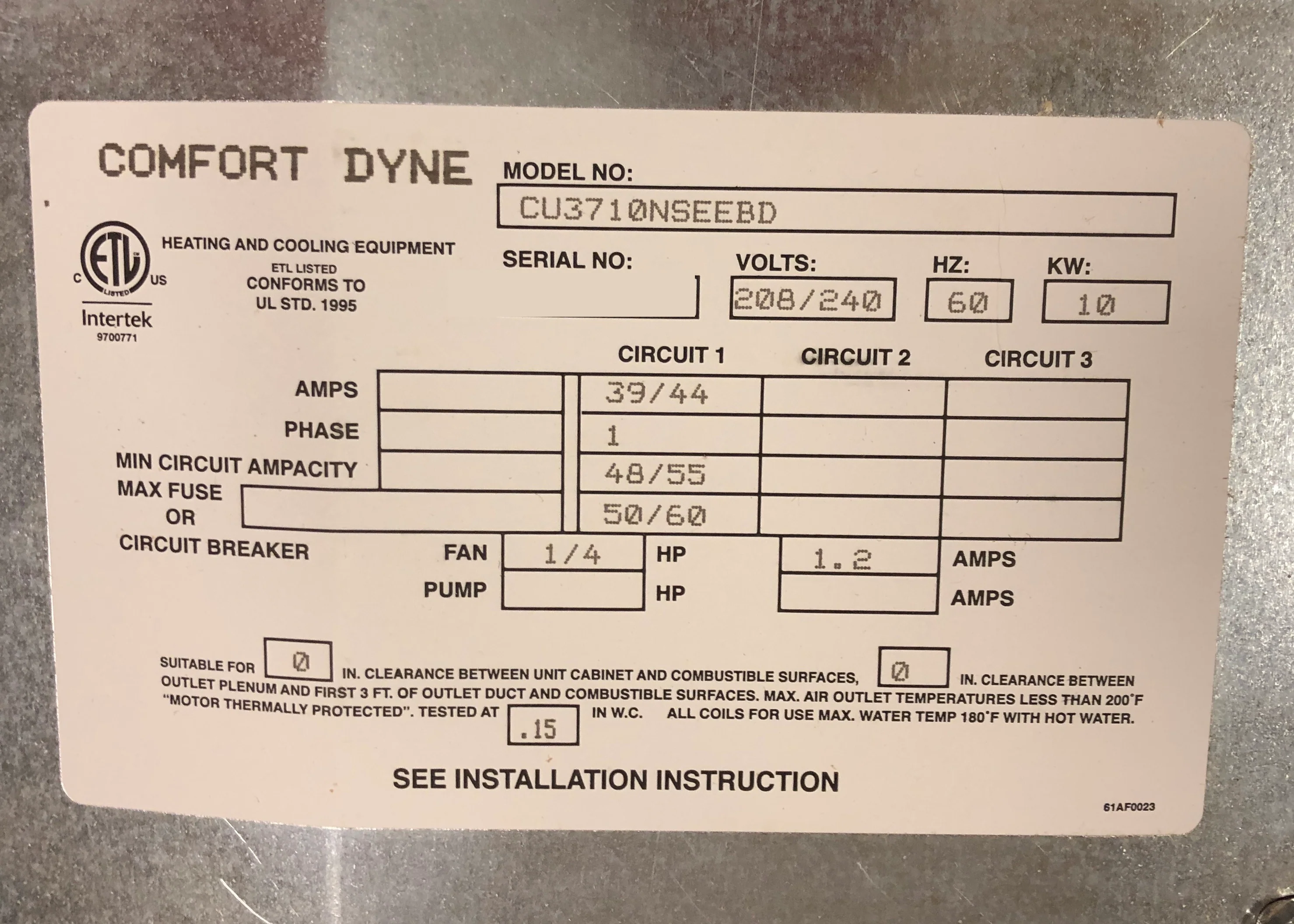 3 Ton AC/HP Horizontal Uncased Ceiling Mounted Fancoil/W 10 Kw Electric Heat, 208-240/60/1 R-410A - Image 5