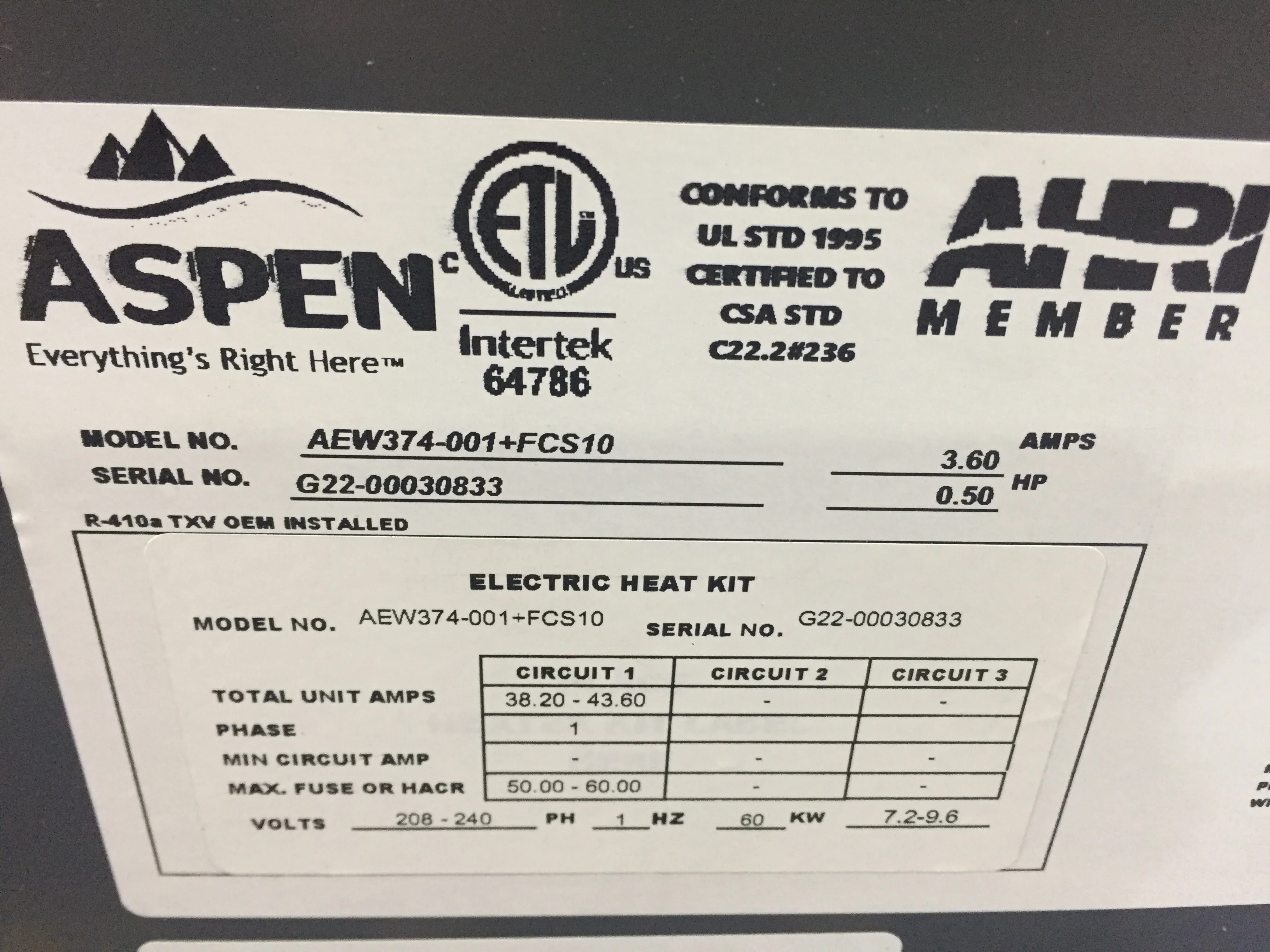 3 Ton AC/HP Vertical Wall Mount Air Handler With 10 Kw Electric Heat; 208-240/60/1, R-410A, 1200 CFM - Image 6