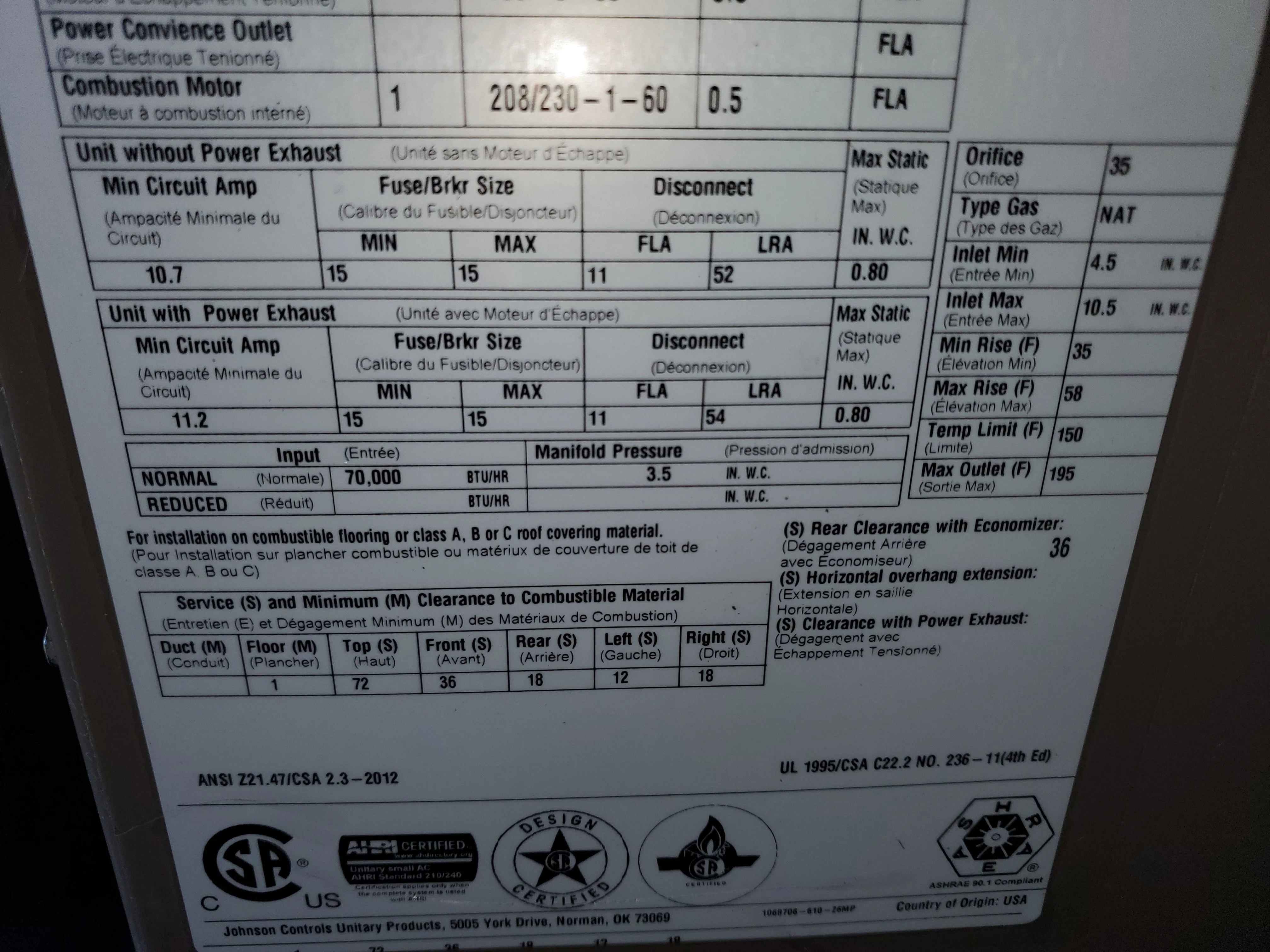 3 Ton Convertible Natural Gas/Electric Packaged Unit, 14 Seer 80% 460/60/3 R-410A - Image 6