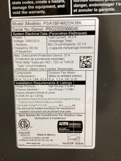 3 Ton Split System Air Conditioner 208-230/60/1, R410A, 16 SEER