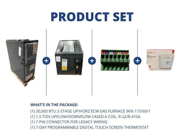 30,000 BTU Gas Furnace 96% with 1.5 Ton Up/Down Coil and 7 Pin Connector and Programmable Thermostat
