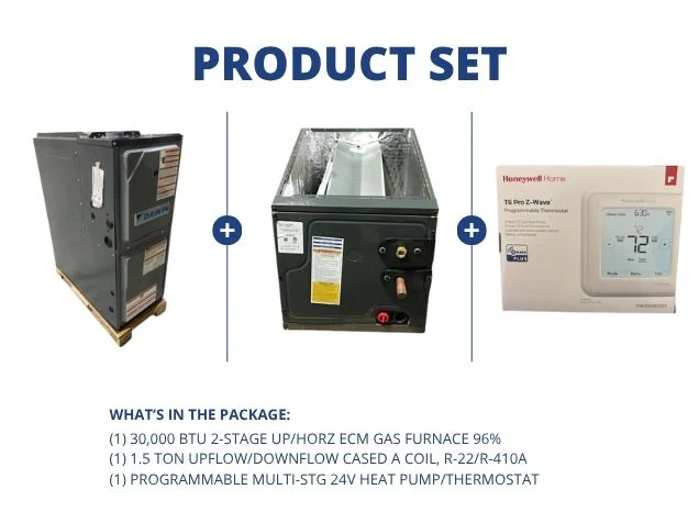 30,000 BTU Two-Stage Up/Horz ECM Gas Furnace 96% and 1.5 Ton Up/Down Cased A Coil and 24V Thermostat