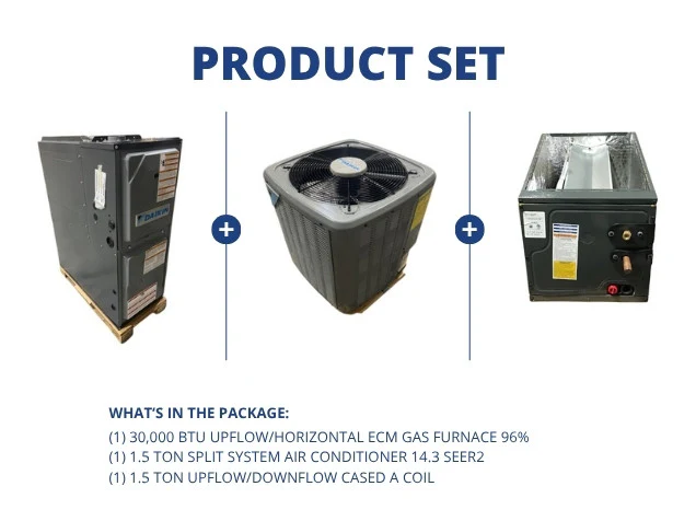 30,000 BTU Up/Horz ECM Gas Furnace 96% and 1.5 Ton SS AC 14.3 SEER2 and 1.5 Ton Up/Down Cased A Coil