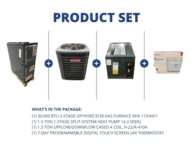 30,000 BTU Up/Horz ECM Gas Furnace 96% and 1.5 Ton SS HP and 1.5 Ton Up/Down Coil and 24V Thermostat