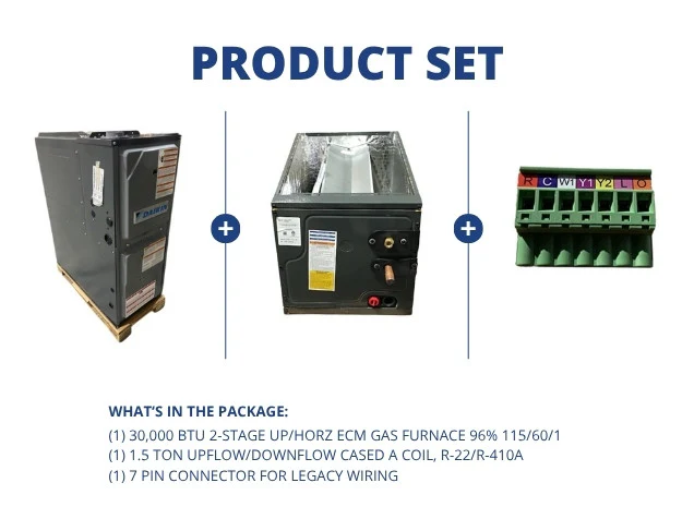 30,000 BTU Up/Horz Gas Furnace 96% and 1.5 Ton Up/Down Cased A Coil, R-22/R-410A and 7 Pin Connector