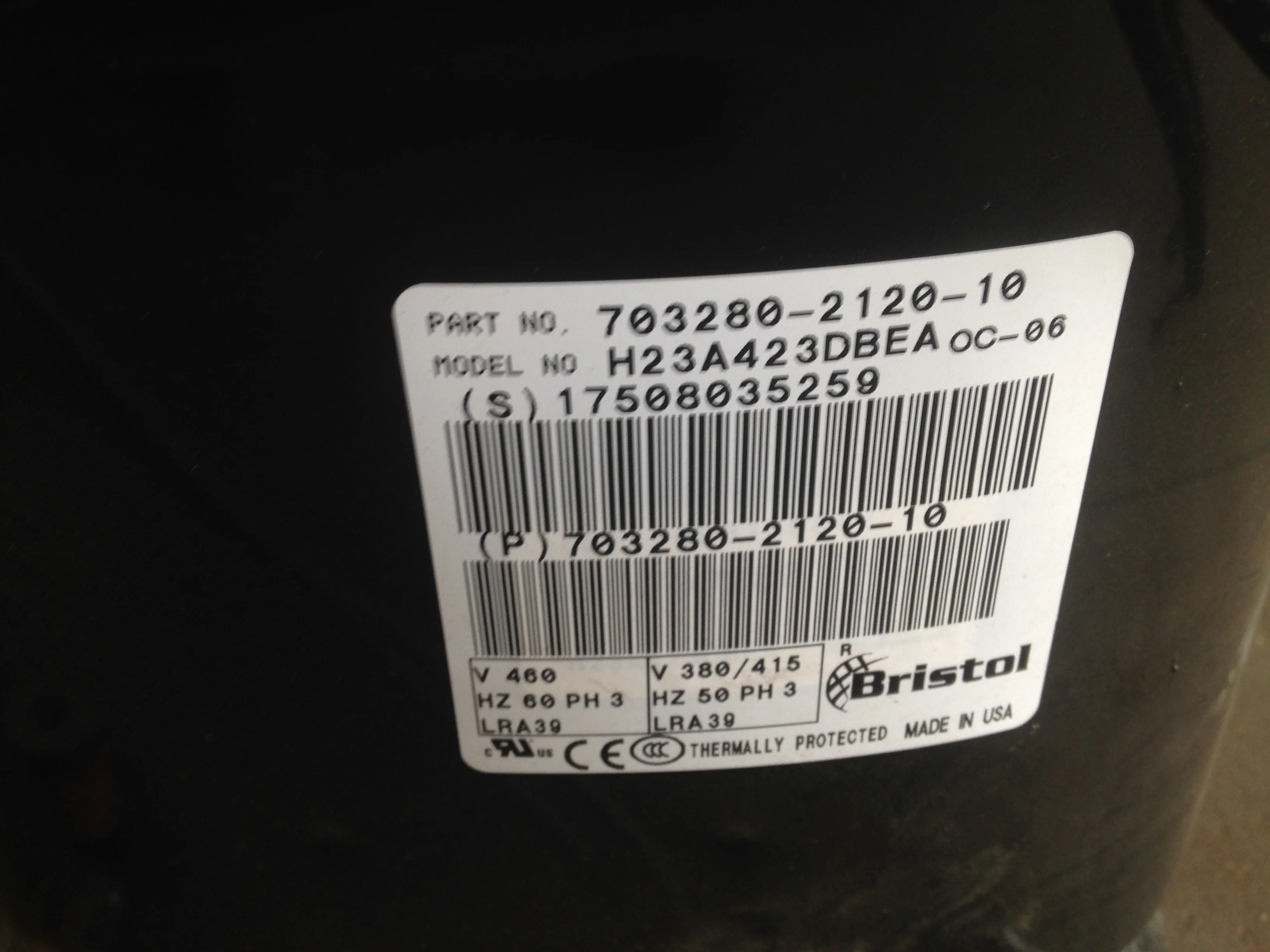 3-1/2 Ton Ac/HP Hermetic Compressor W/Crankcase Heater 380-460/50-60/3 R-22 - Image 4