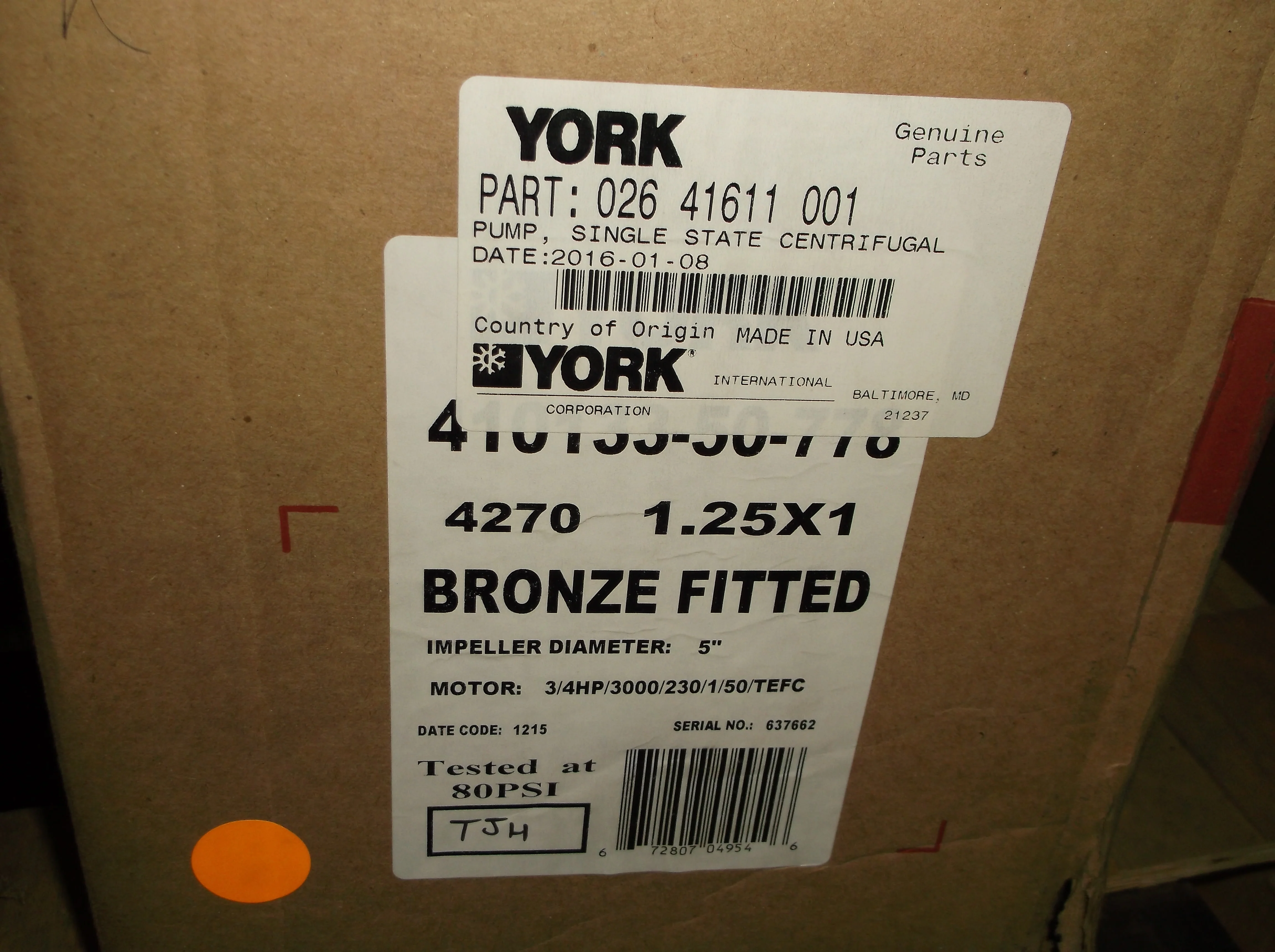 3/4HP York Single State Centrifugal Pump 120-240/50/1 RPM:2850 - Image 6