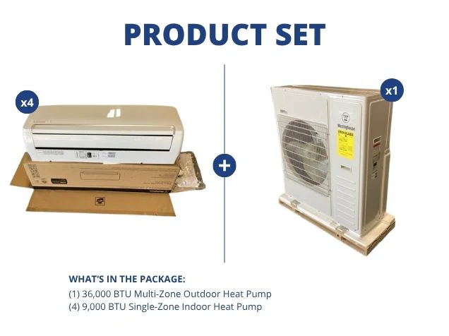 36,000 BTU Quad-Zone Inverter Mini Split Set; 21 SEER, 208-230/60/1, R410A, **1 outdoor + 4 indoor**