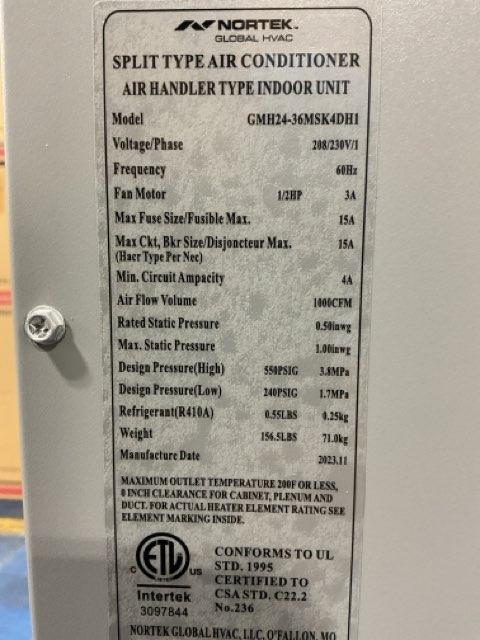 36,000 BTU Indoor Inverter Heat Pump Air Handler, 18 SEER 187‐253/60/1 R-410A - Image 2