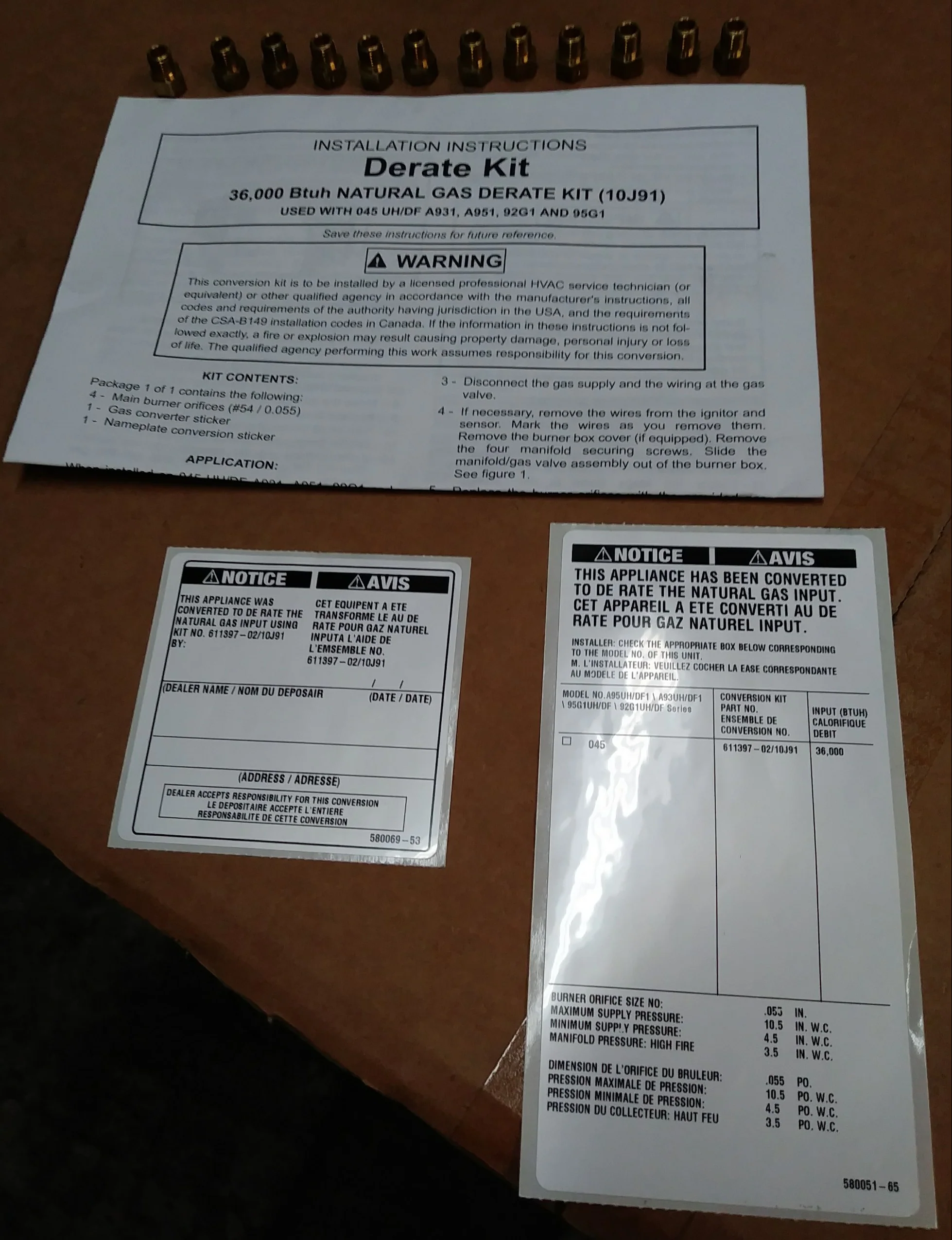 36000 BTUH Natural Gas De-Rate Kit Used W/045 Uh/Df A931, A951, 92G1 And 95G1 - Image 4