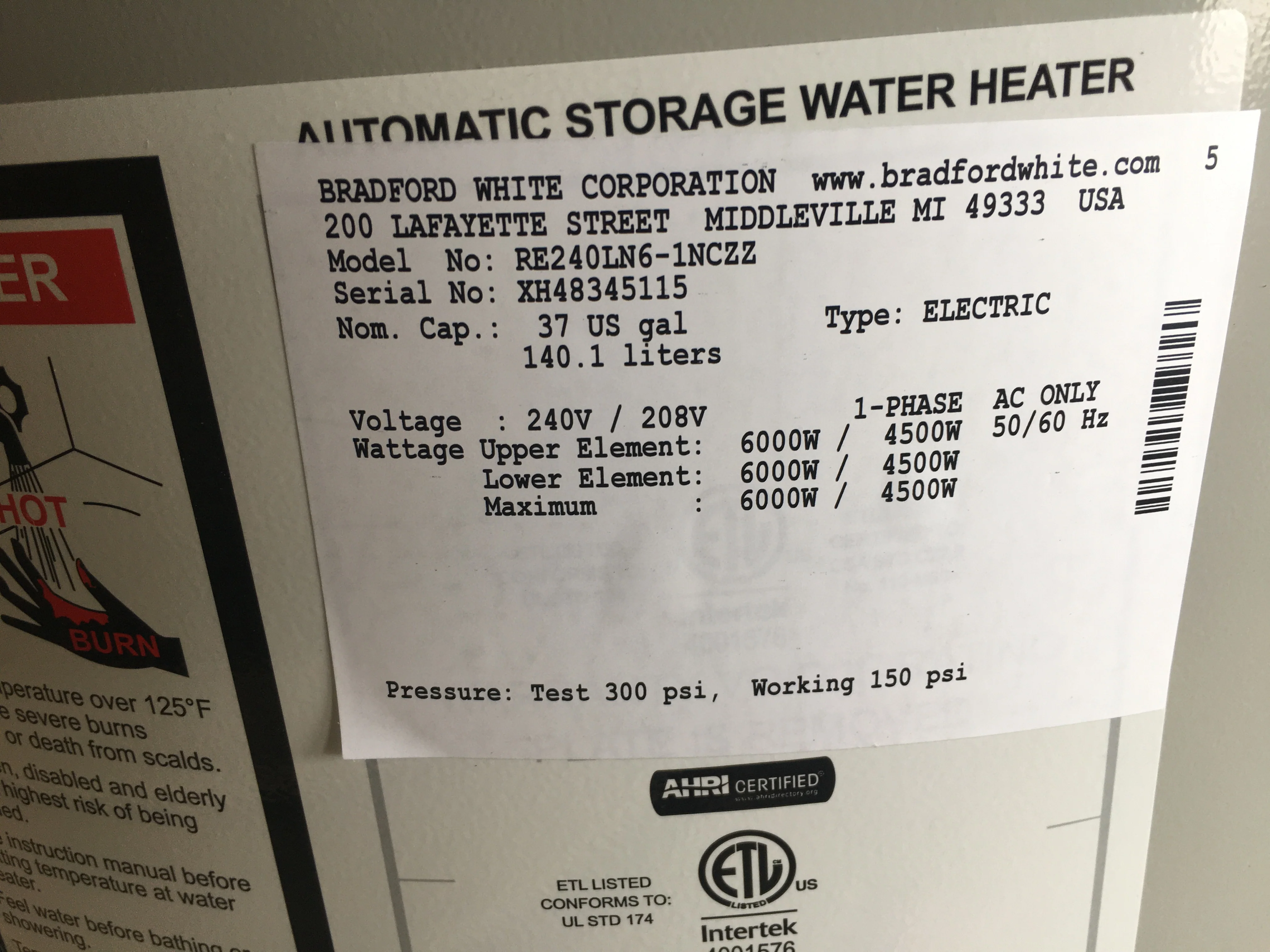 37 GALLON ELECTRIC RESIDENTIAL LOWBOY WATER HEATER; 208-240/50-60/1 - Image 3