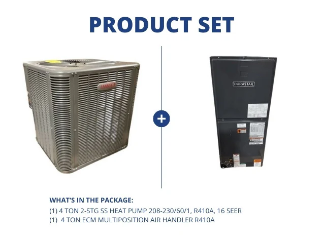 4 Ton 2-Stg SS Heat Pump 208-230/60/1 R410A, 16 SEER with 4 Ton ECM Multiposition Air Handler, R410A