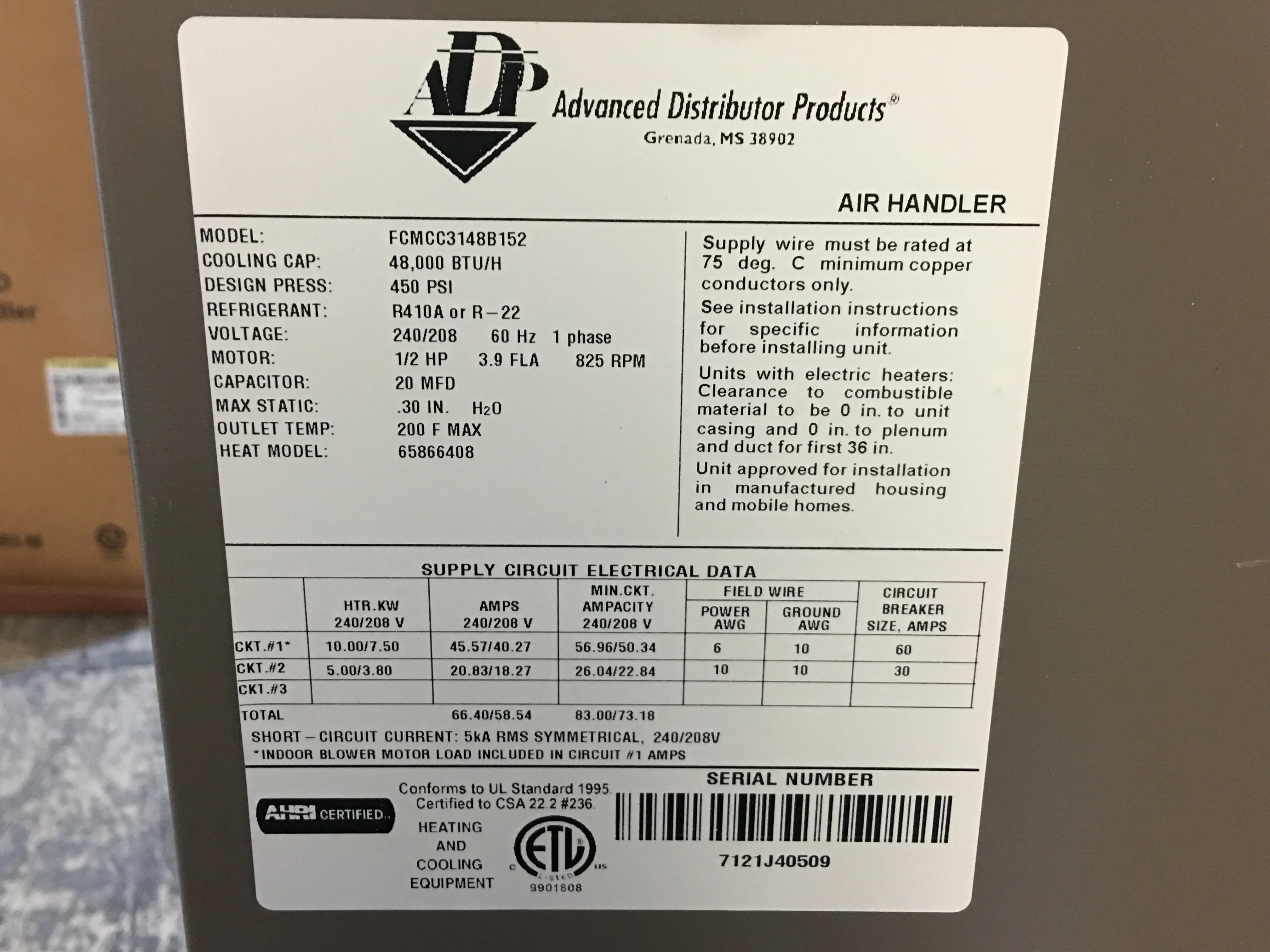 4 Ton AC/HP Up/Horz PSC Air Handler 208-240/60/1 R-410A CFM 1600 - Image 4