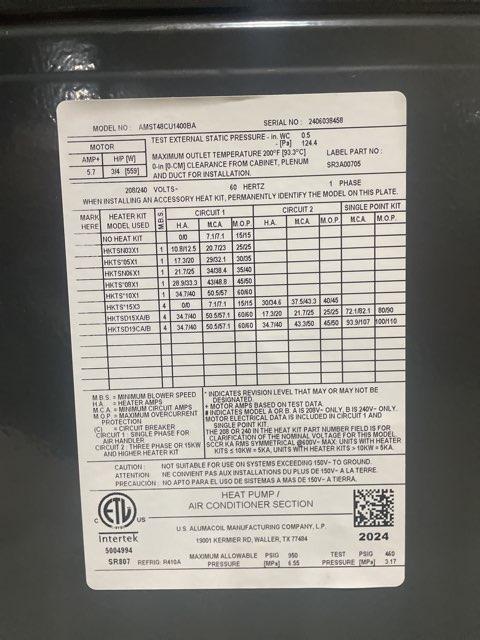 4 Ton ECM Multi Air Handler R-410A CFM 1851 and 20 kW Electric Heat Kit w/Integral Limit Control - Image 4