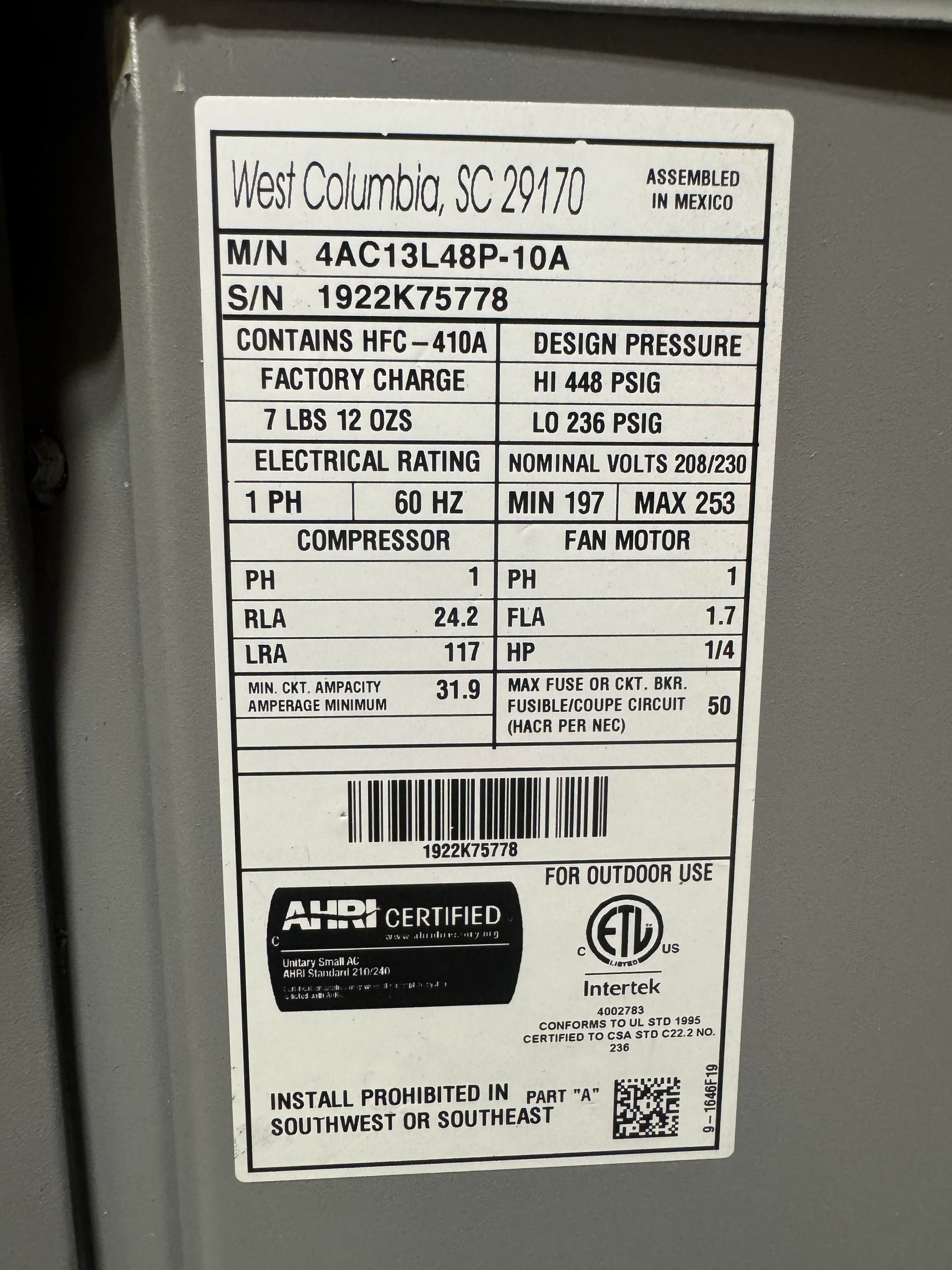 4 Ton Split-System Air Conditioner; 13 SEER, 208-230/60/1 R-410A - Image 4