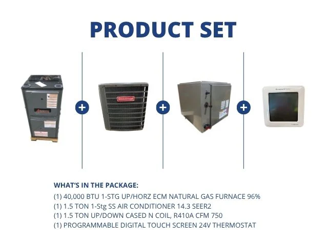 40,000 BTU Up/Horz Gas Furnace 96%, 1.5 Ton AC 14.3 SEER2, 1.5 Ton Up/Down N Coil and 24V Thermostat