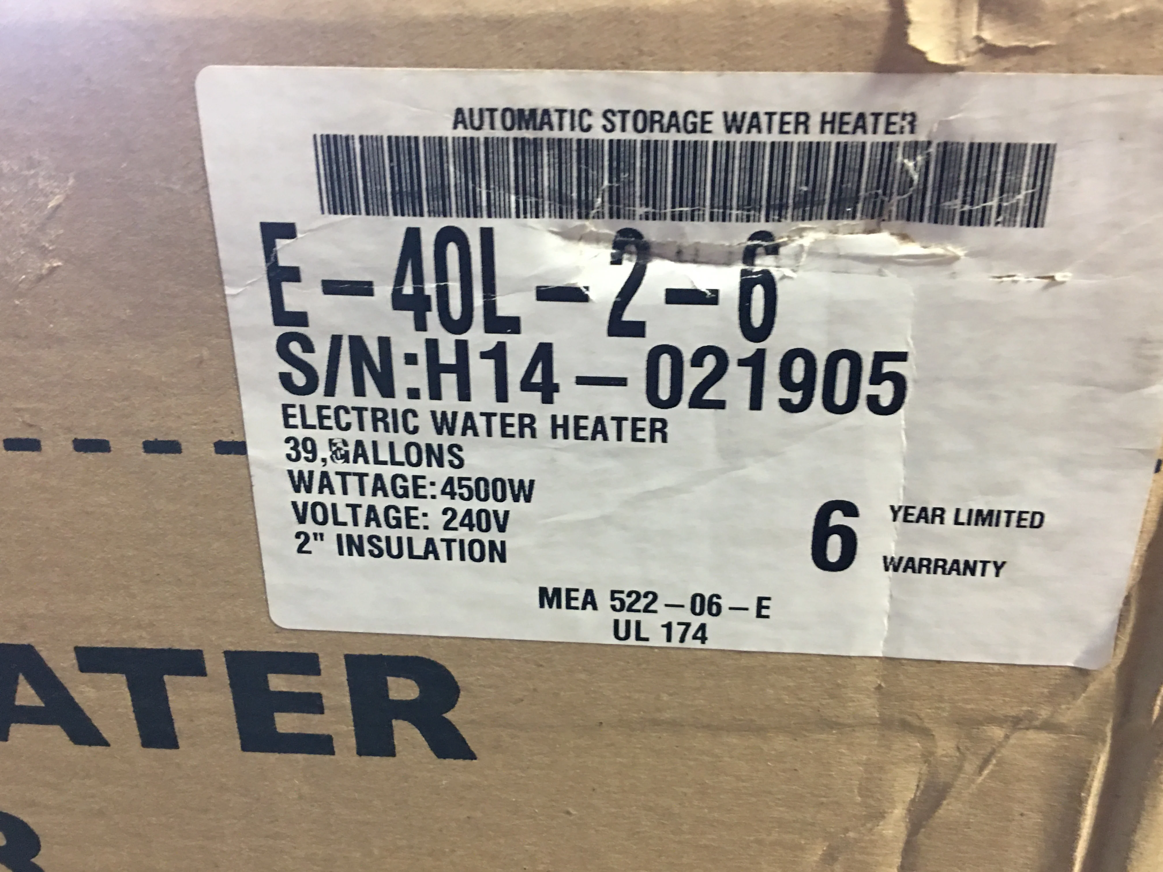 40 Gallon Electric Hot Water Heater 240/60/1 - Image 5