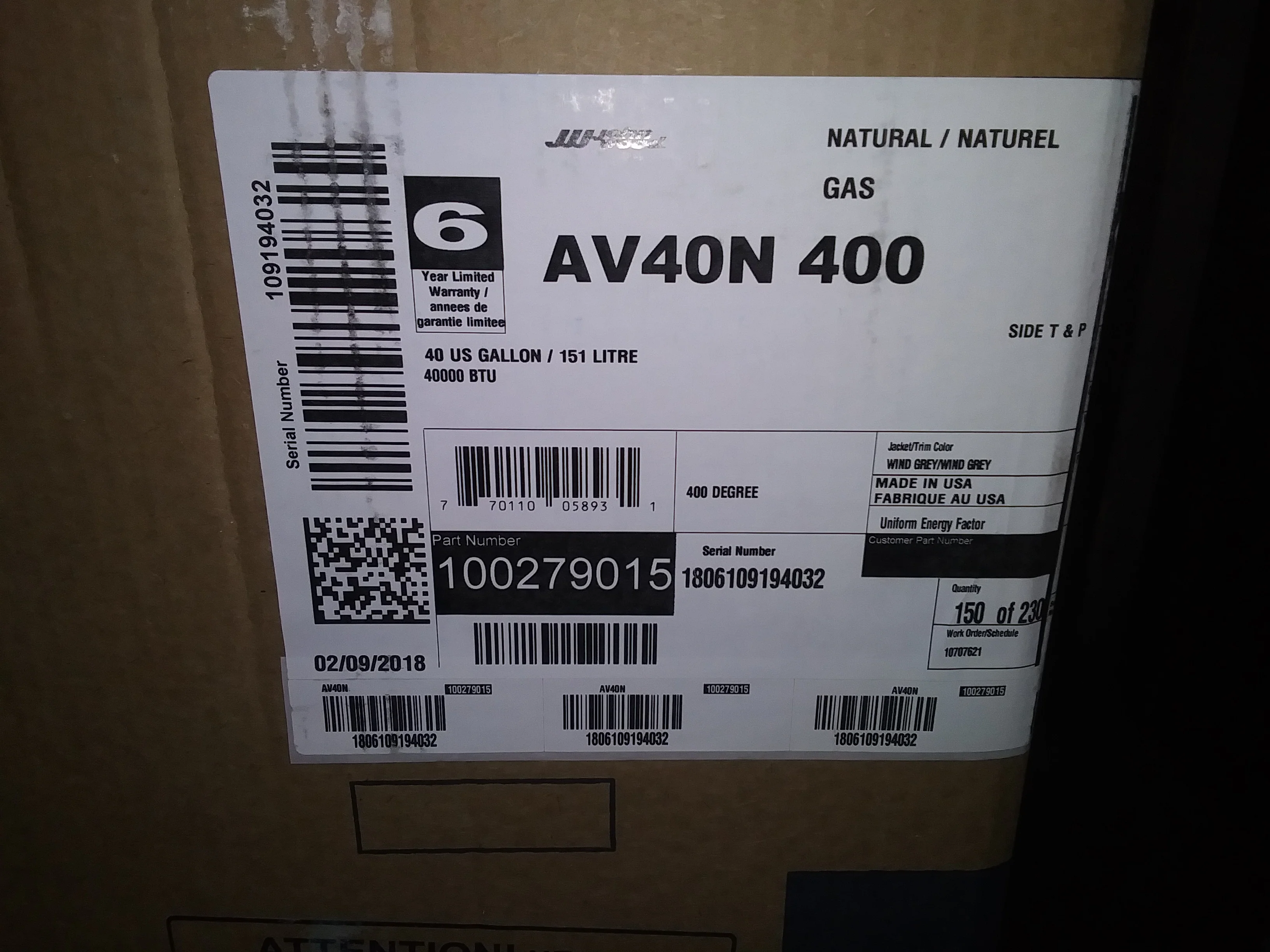 40 GALLON "JOHN WOOD PROLINE" COMMERCIAL GRADE ATMOSPHERIC VENT NATURAL GAS WATER HEATER, 120/60/1 - Image 4