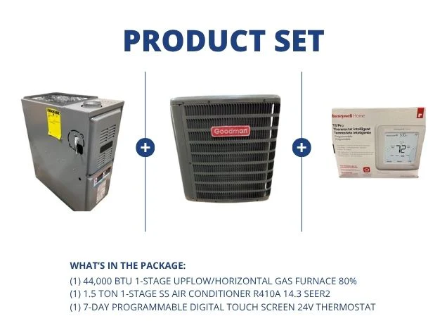44,000 BTU 1-Stg Up/Horz Gas Furnace 80%, 1.5 Ton 1-Stg SS AC R410A 14.3 SEER2 with 24V Thermostat