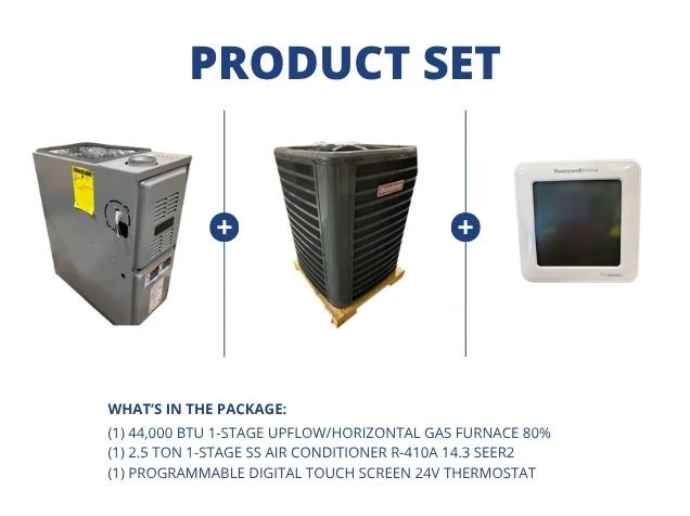 44,000 BTU 1-Stg Up/Horz Gas Furnace 80%, 2.5 Ton 1-Stg SS AC R-410A 14.3 SEER2 with 24V Thermostat