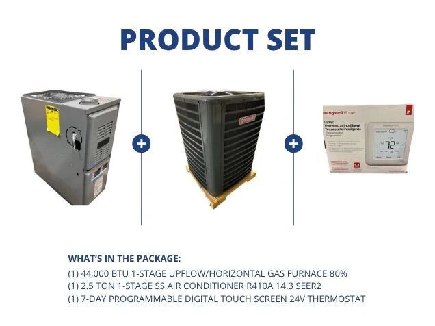 44,000 BTU 1-Stg Up/Horz Gas Furnace 80%, 2.5 Ton 1-Stg SS AC R410A 14.3 SEER2 with 24V Thermostat