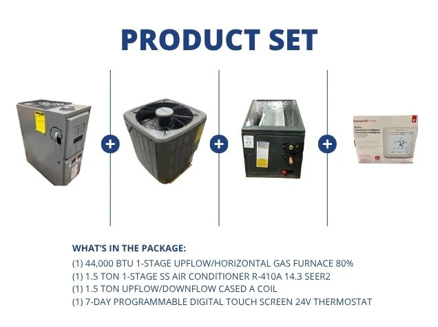 44,000 BTU Up/Horz Gas Furnace 80%, 1.5 Ton AC 14.3 SEER2, 1.5 Ton Up/Down Coil and 24V Thermostat