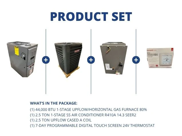 44,000 BTU Up/Horz Gas Furnace 80%, 2.5 Ton AC 14.3 SEER2, 2.5 Ton Upflow A Coil and 24V Thermostat