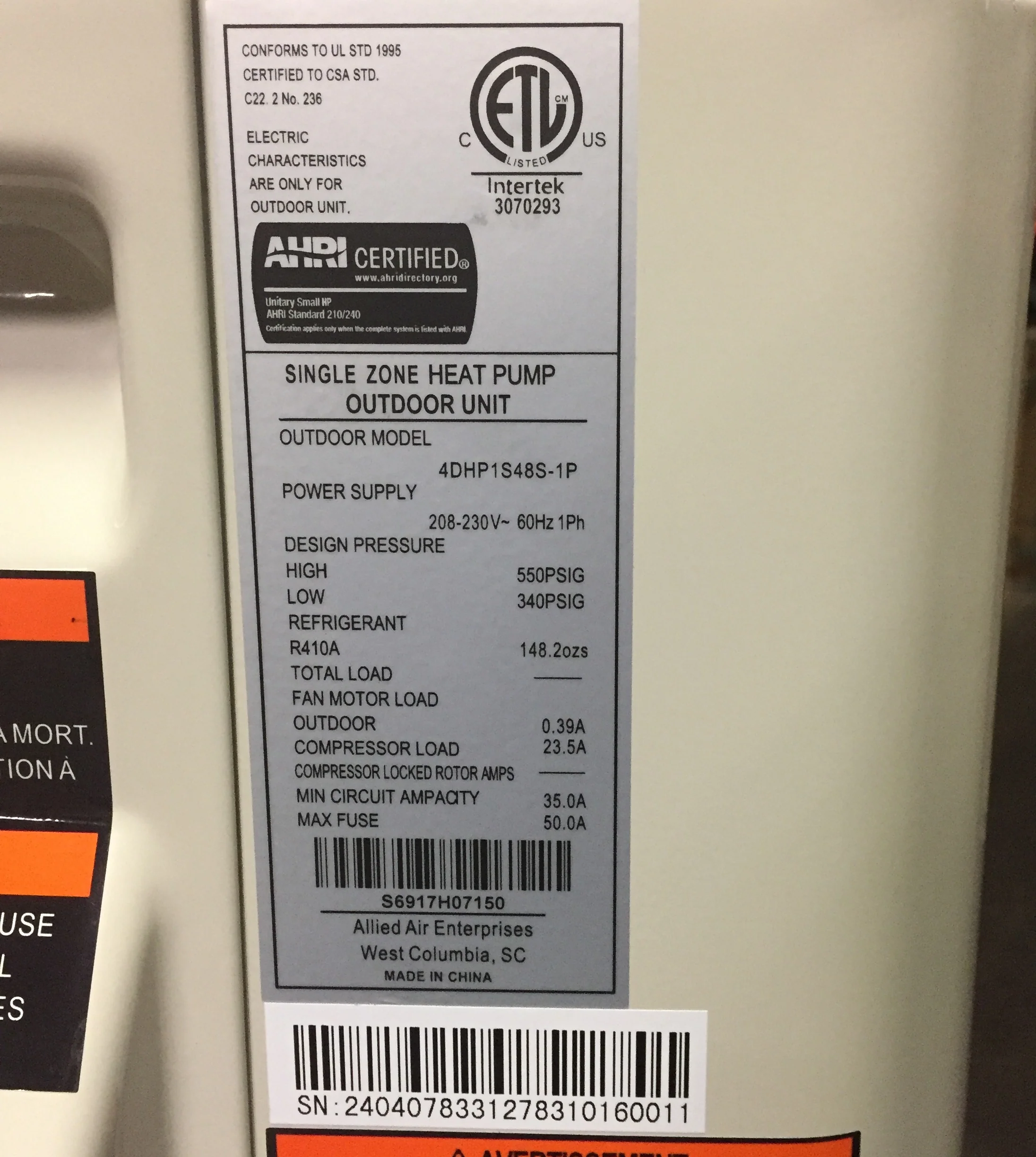 48,000 BTU Single Zone Ductless Outdoor Mini-Split Heat Pump Unit, 16.8 SEER 208-230/60/1 R-410A - Image 6