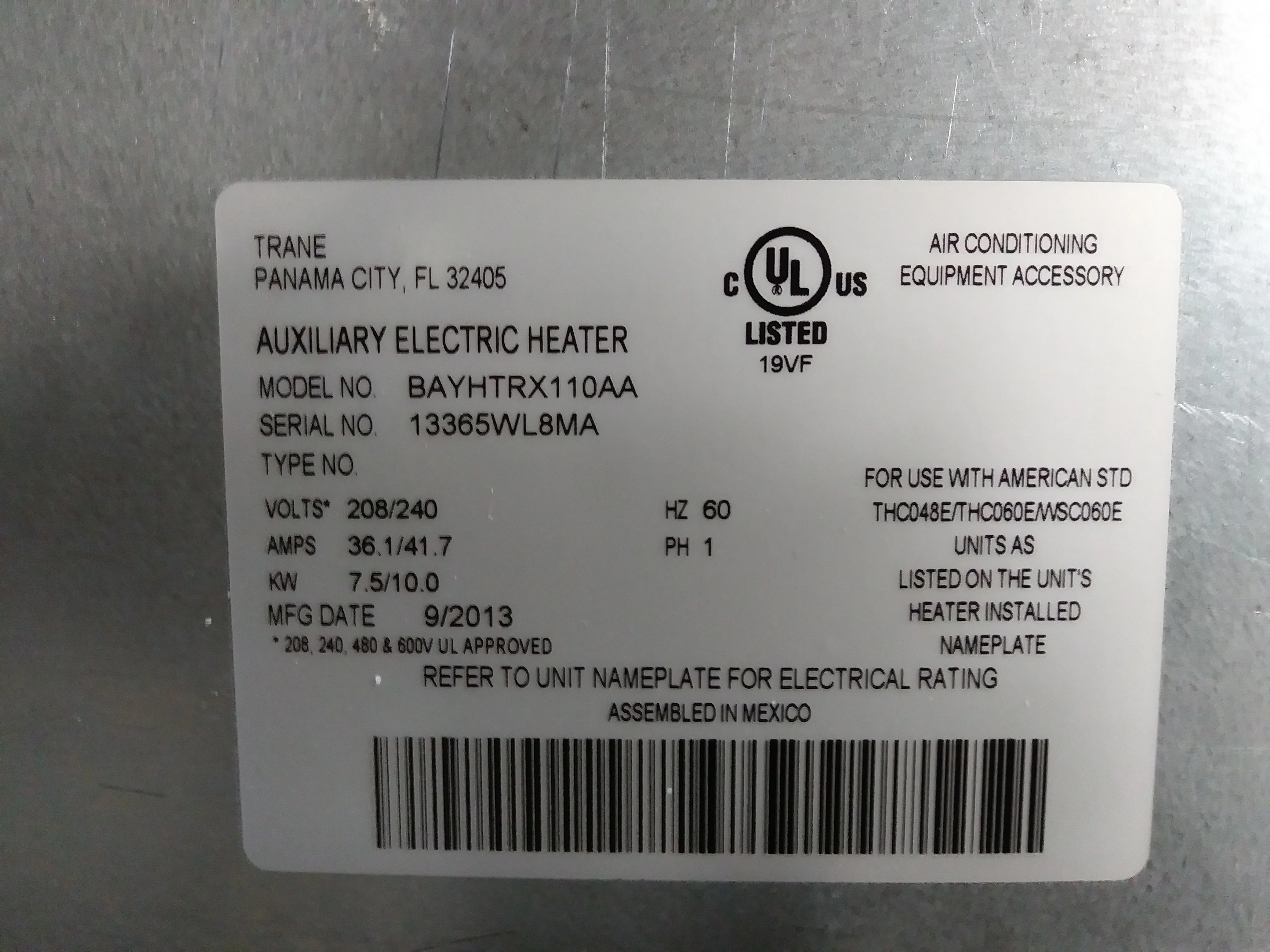 5 kW Dual Electric Heat Kit 208-230/60/1 Amps 36.1/41.7 w/Fuse Panel - Image 10
