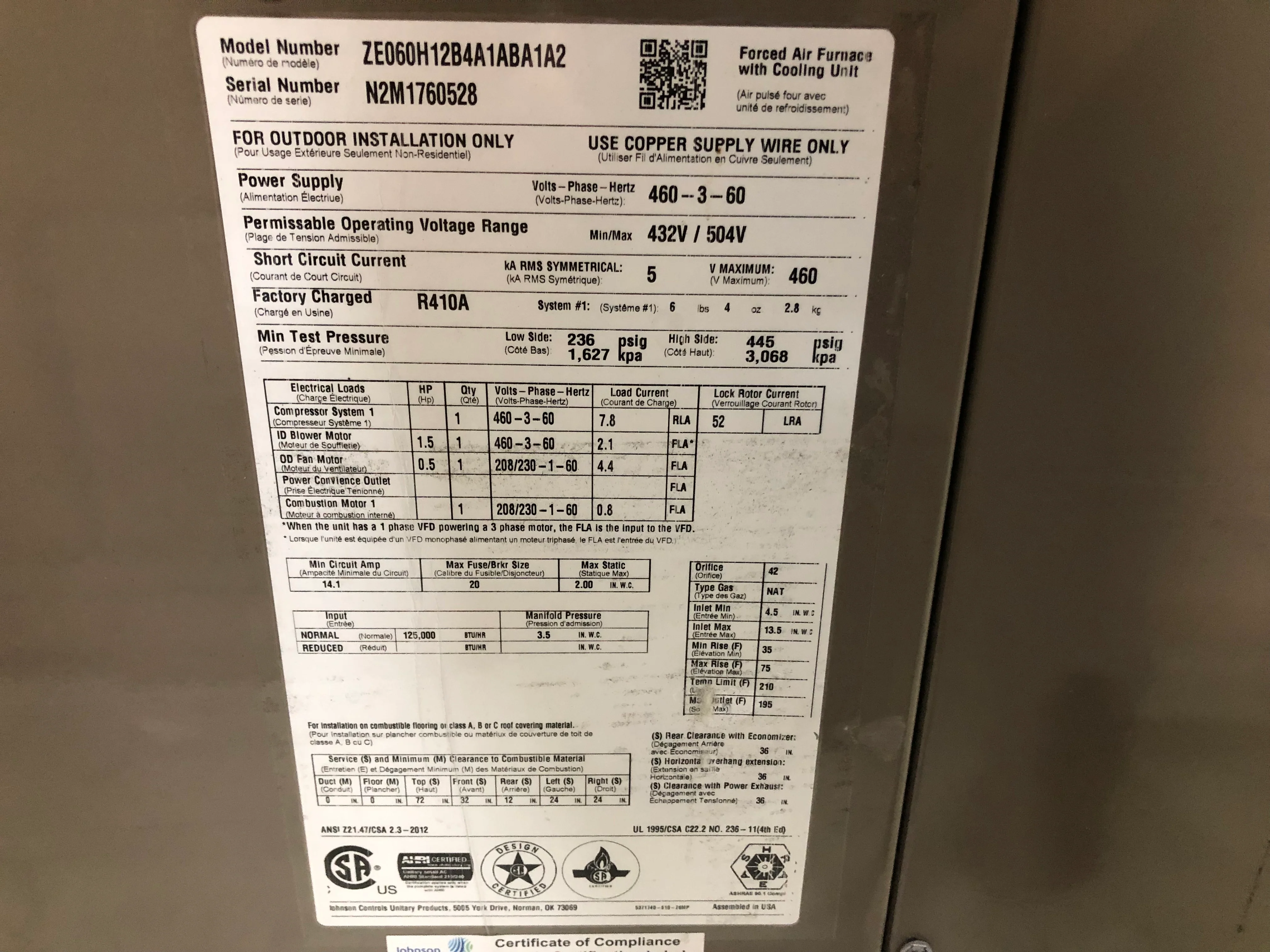 5 TON CONVERTIBLE GAS/ELECTRIC PACKAGED UNIT, 14 SEER 81% 460/60/3 R-410 - Image 7