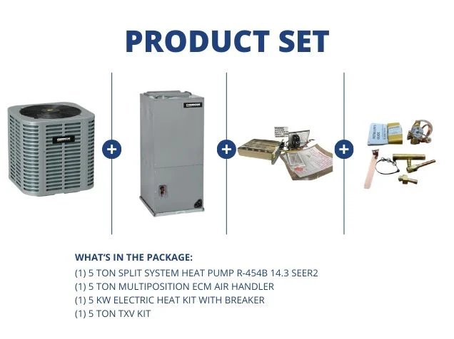 5 Ton SS HP R454B 14.3 SEER2, 5 Ton Multi Air Handler, 5KW Heat Kit with Breaker with 5 Ton TXV Kit