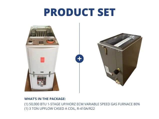 50,000 BTU 1-Stg Up/Horz ECM Var Spd Gas Furnace 80% with 3 Ton Upflow Cased A Coil, R-410A/R22