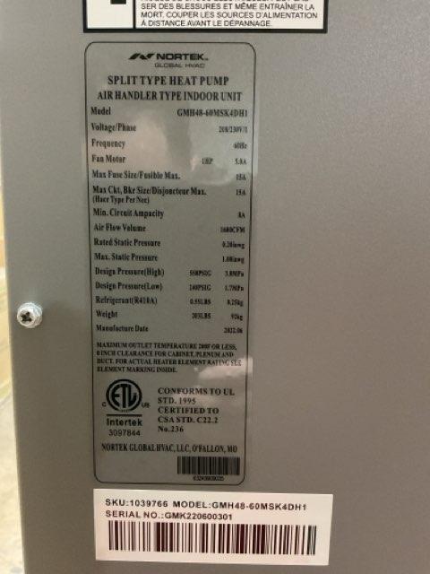 54,000 BTU Indoor Inverter Heat Pump Air Handler Unit, 17 SEER 208-230/60/1 R-410A - Image 5