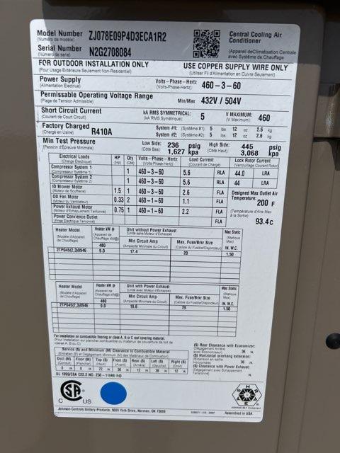 6.5 Ton 2-Stg Convertible Packaged Air Conditioning Unit W/9KW Heat, 11.8 EER, 460/60/3, R410A - Image 2