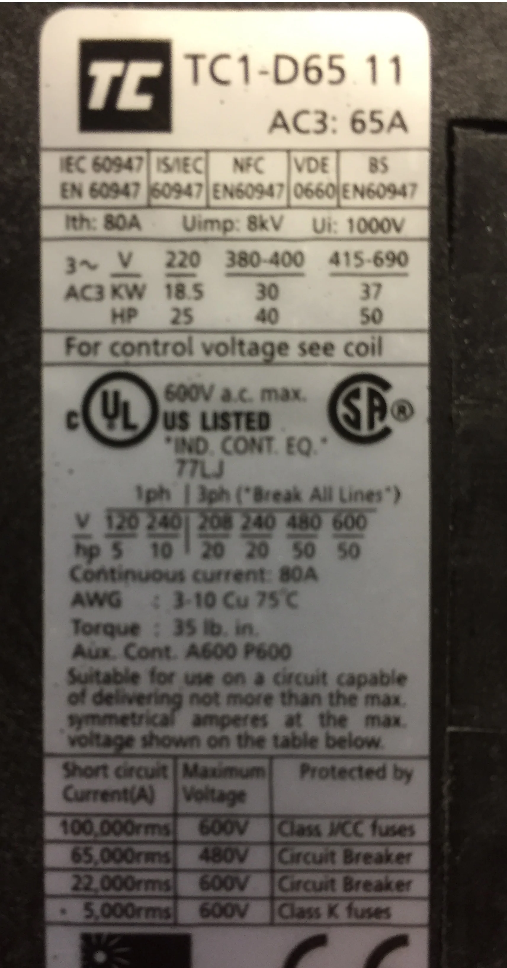 65 Amp Contactor, Coil Voltage 120V - 50/60Hz - Image 5