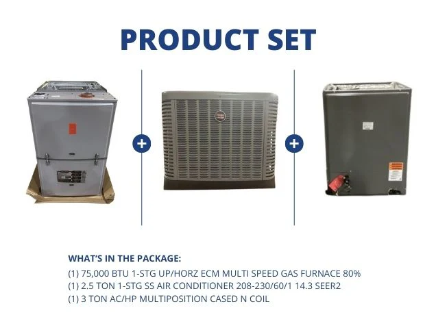 75,000 BTU 1-Stg Up/Horz Gas Furnace 80%, 2.5 Ton 1-Stg SS AC 14.3 SEER2, 3 Ton Multi Cased N Coil