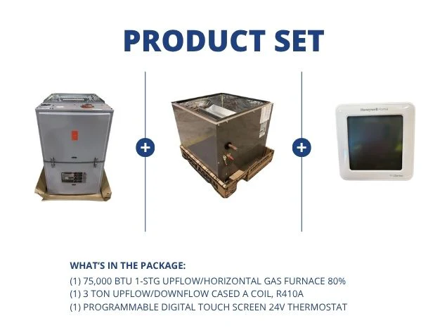 75,000 BTU 1-Stg Up/Horz Gas Furnace 80%, 3 Ton AC/HP Up/Down Cased A Coil R-410A and 24V Thermostat