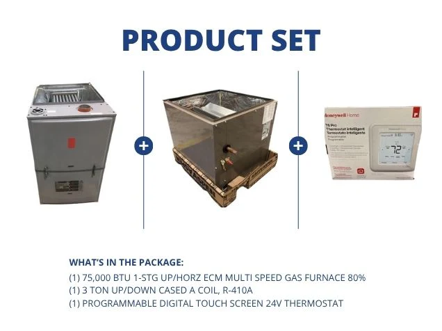 75,000 BTU 1-Stg Up/Horz Multi Speed Gas Furnace 80%, 3 Ton Up/Down Cased A Coil with 24V Thermostat