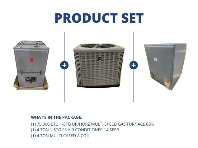 75,000 BTU Up/Horz Gas Furnace 80%, 4 Ton 1-Stg SS AC R410A 14 SEER with 4 Ton Multi Cased A Coil
