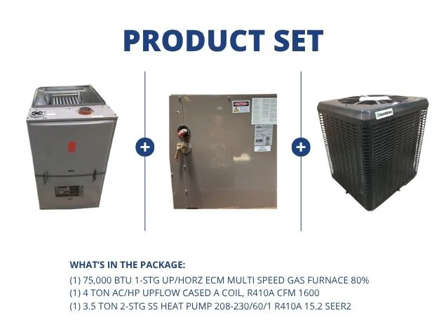 75,000 BTU Up/Horz Gas Furnace 80% with 4 Ton Upflow Cased A Coil and 3.5 Ton 2-Stg SS HP 15.2 SEER2