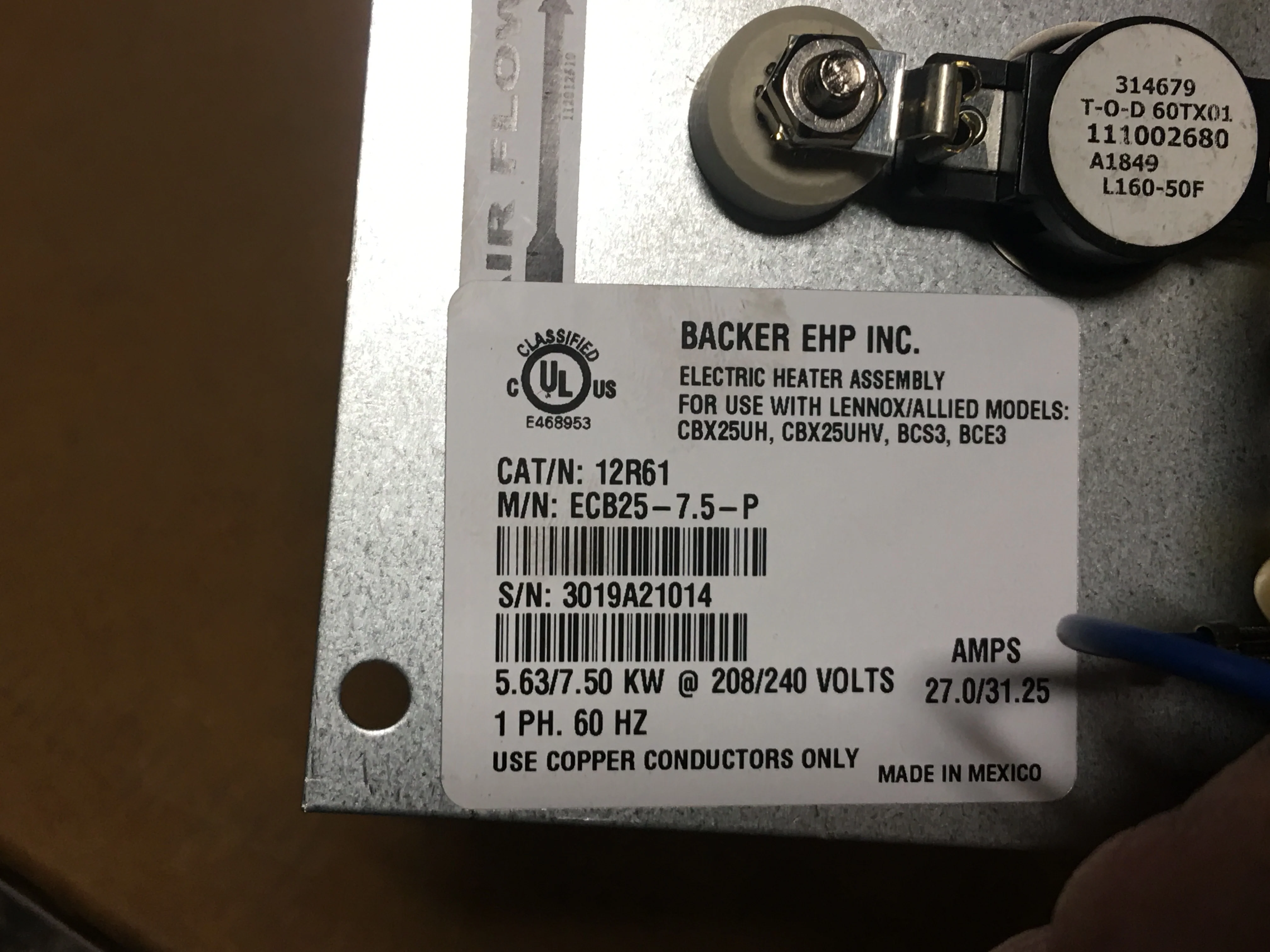 7.5 KW Electric Heat Kit with Terminal Block, 208/240/60/1 - Image 3