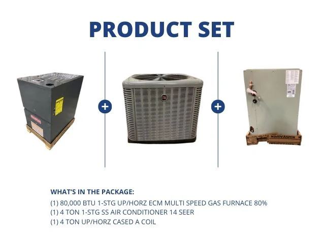 80,000 BTU 1-Stg Up/Horz Gas Furnace 80%, 4 Ton 1-Stg SS AC 14 SEER with 4 Ton Up/Horz Cased A Coil