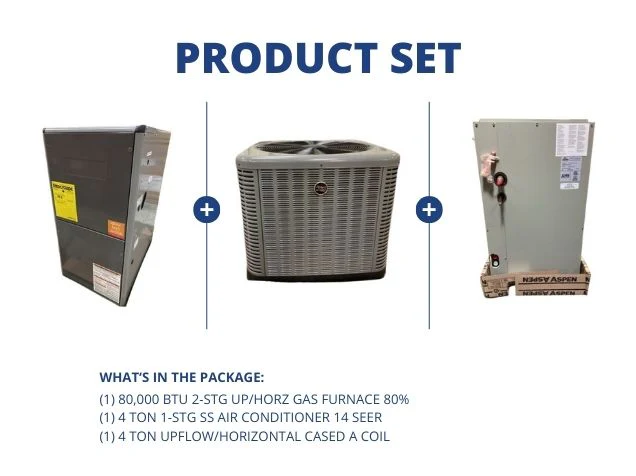 80,000 BTU 2-Stg Up/Horz Gas Furnace 80%, 4 Ton 1-Stg SS AC 14 SEER with 4 Ton Up/Horz Cased A Coil