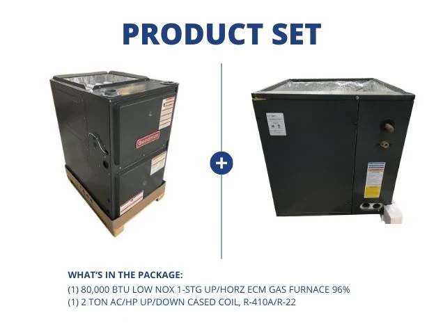 80,000 BTU Low NOx 1-Stg Up/Horz ECM Gas Furnace 96% and 2 Ton AC/HP Up/Down Cased Coil, R-410A/R-22