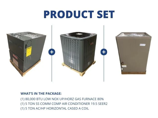 80,000 BTU Low Nox Up/Horz Gas Furnace 80%, 5 Ton SS Comm Comp AC 19.5 SEER2 with 5 Ton Horz A Coil
