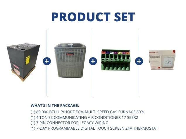 80,000 BTU Up/Horz ECM Gas Furnace 80%, 4 Ton Comm AC 17 SEER2, 7 Pin Connector with 24V Thermostat